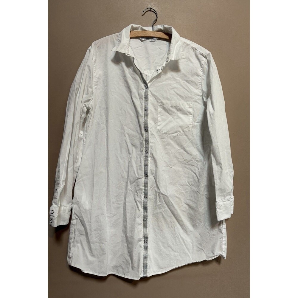 Zara 100% Cotton Zara Denim Size XL White Button Up Shirt Dress Silver Accent